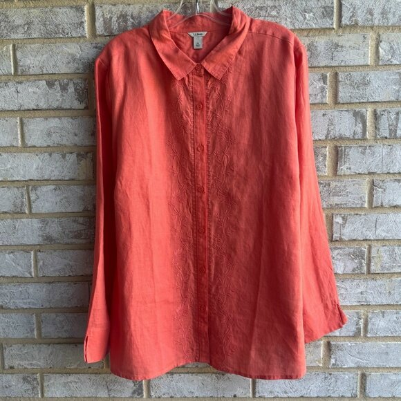 L.L. Bean Long Sleeve Button Up 100% Linen Embroidered Floral Shirt Size 1X - Picture 1 of 9